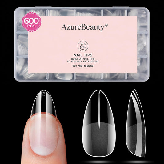 AZUREBEAUTY front packaging showing clear almond nail tips and full set benefits