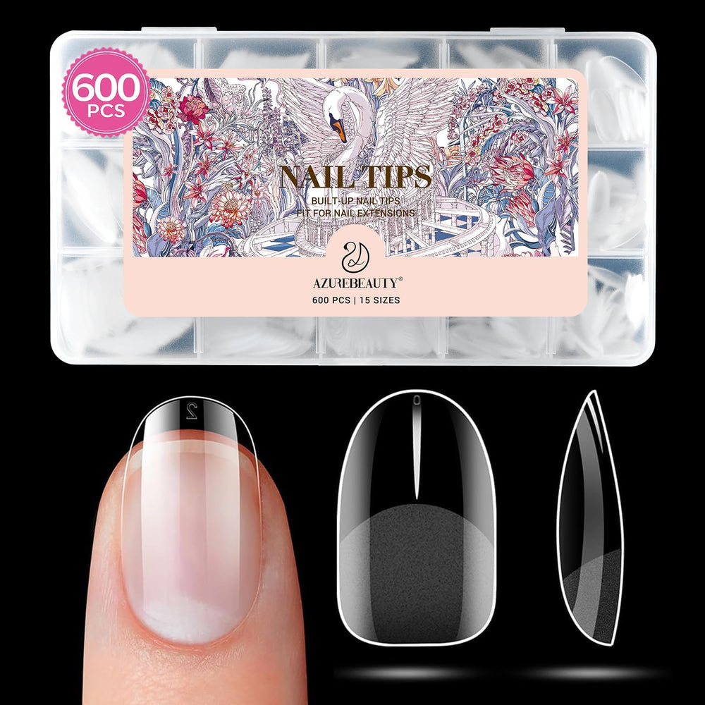 AZUREBEAUTY front packaging showing 600 clear oval nail tips and benefits of quantity