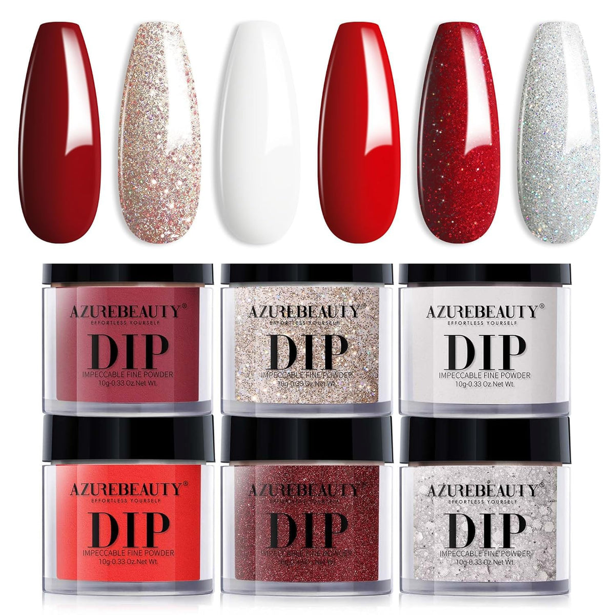 AZUREBEAUTY front packaging showing six-color dip powder kit and benefits