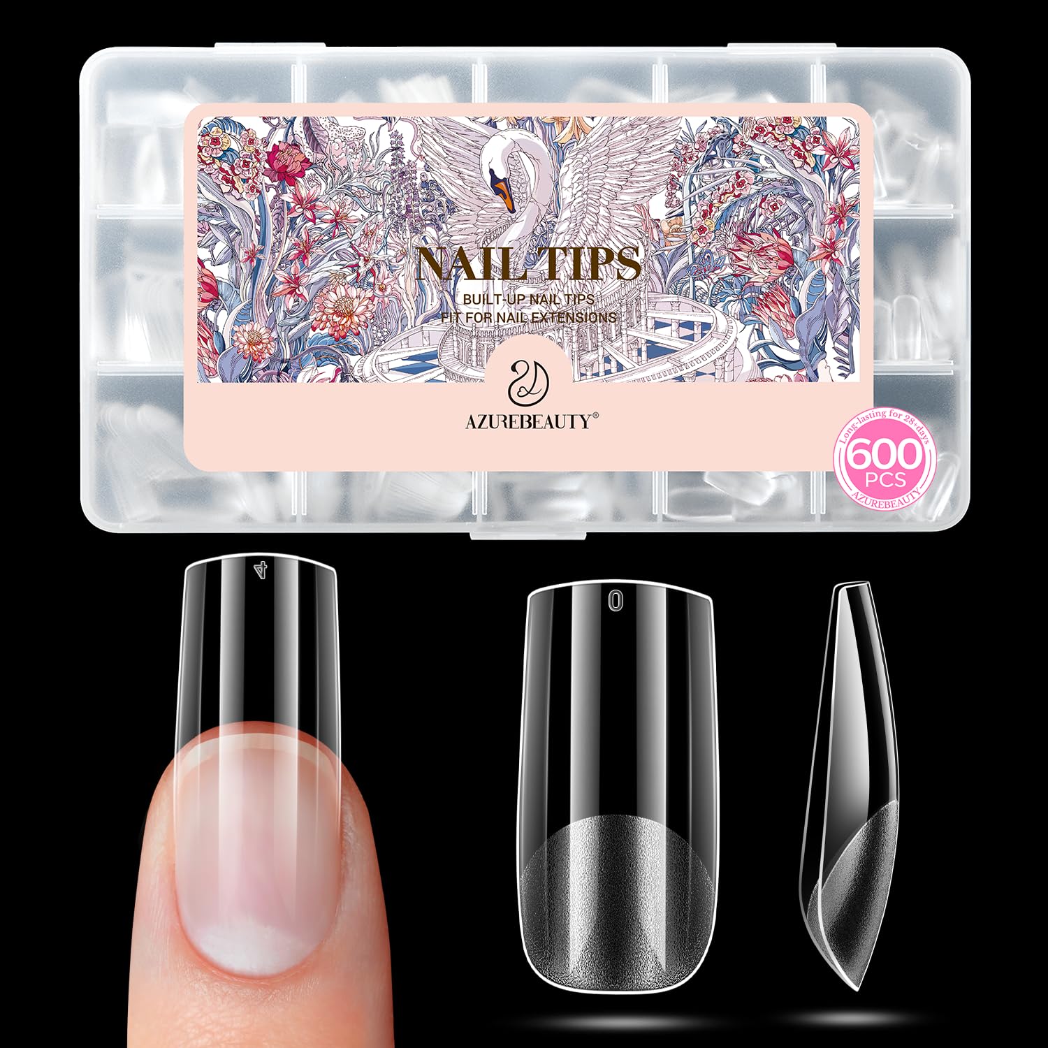 AZUREBEAUTY front packaging showing 600 medium square tips, easy selection benefit