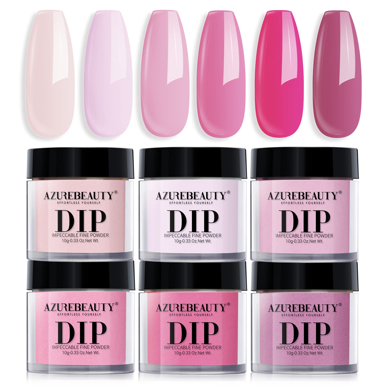AZUREBEAUTY front packaging showing six pink dip powder jars and kit benefits