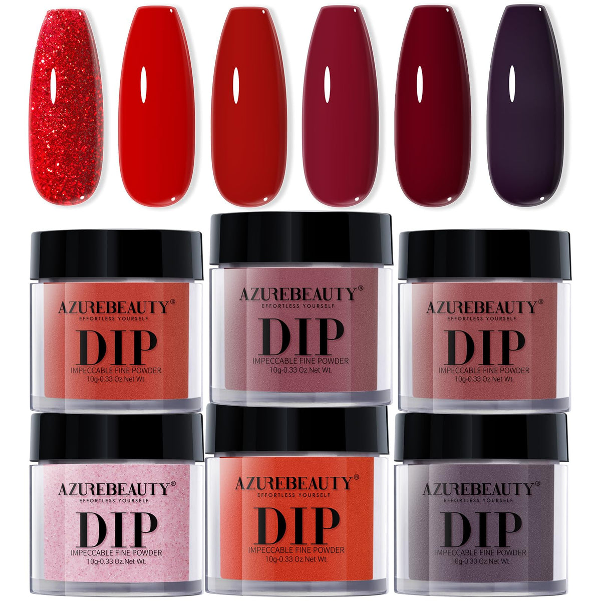 AZUREBEAUTY front packaging showing six red glitter dip powders and hearts for gift-ready presentation