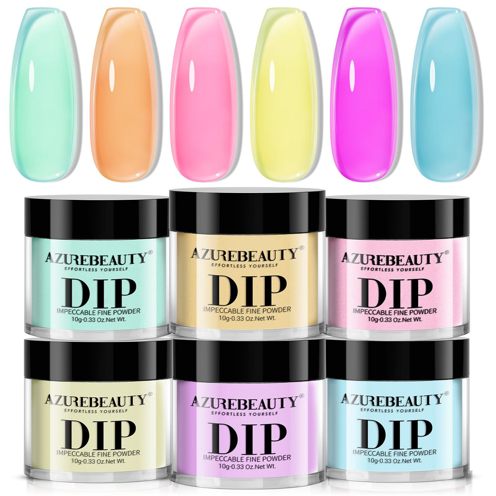 AzureBeauty front packaging showing six jelly pastel dip powders and kit contents for easy selection