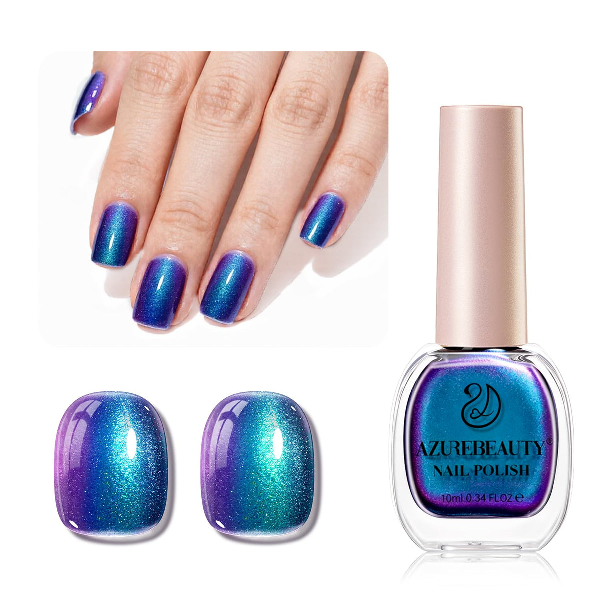 AZUREBEAUTY front bottle view showing holographic rainbow finish and clear label benefit