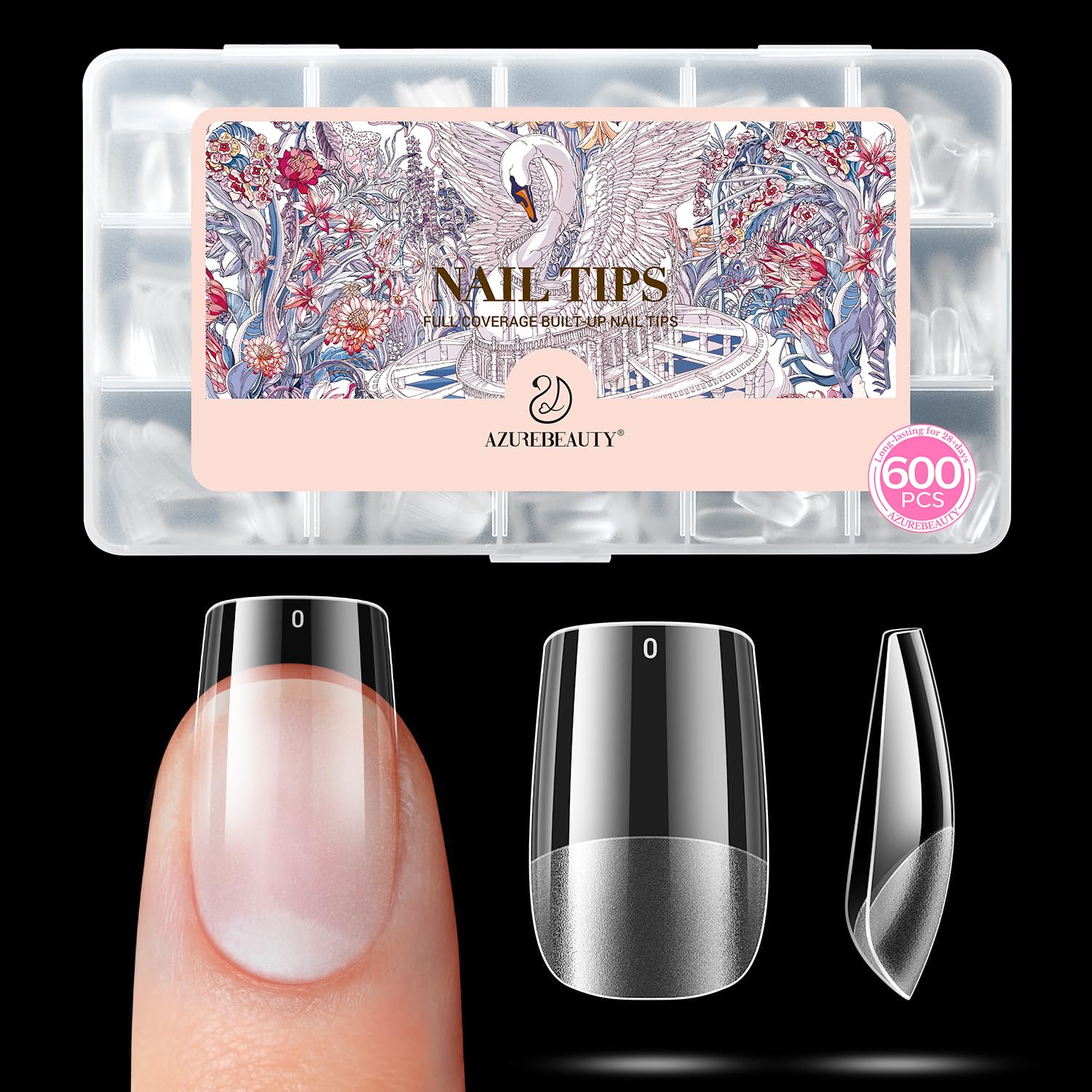 AZUREBEAUTY front packaging showing full 600-piece kit and clear tips for versatile manicures