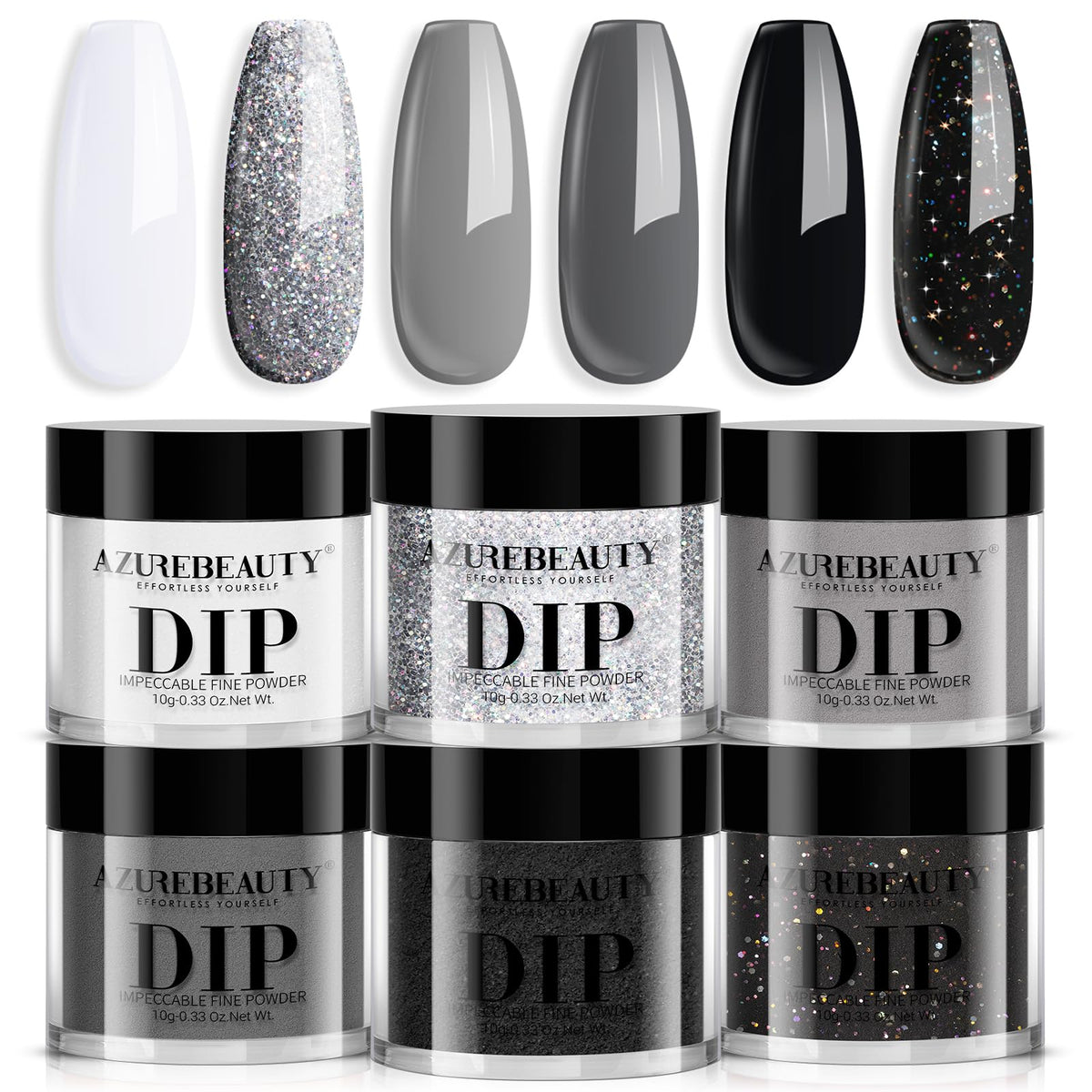 AZUREBEAUTY front packaging showing six dip powder jars and kit contents for easy selection