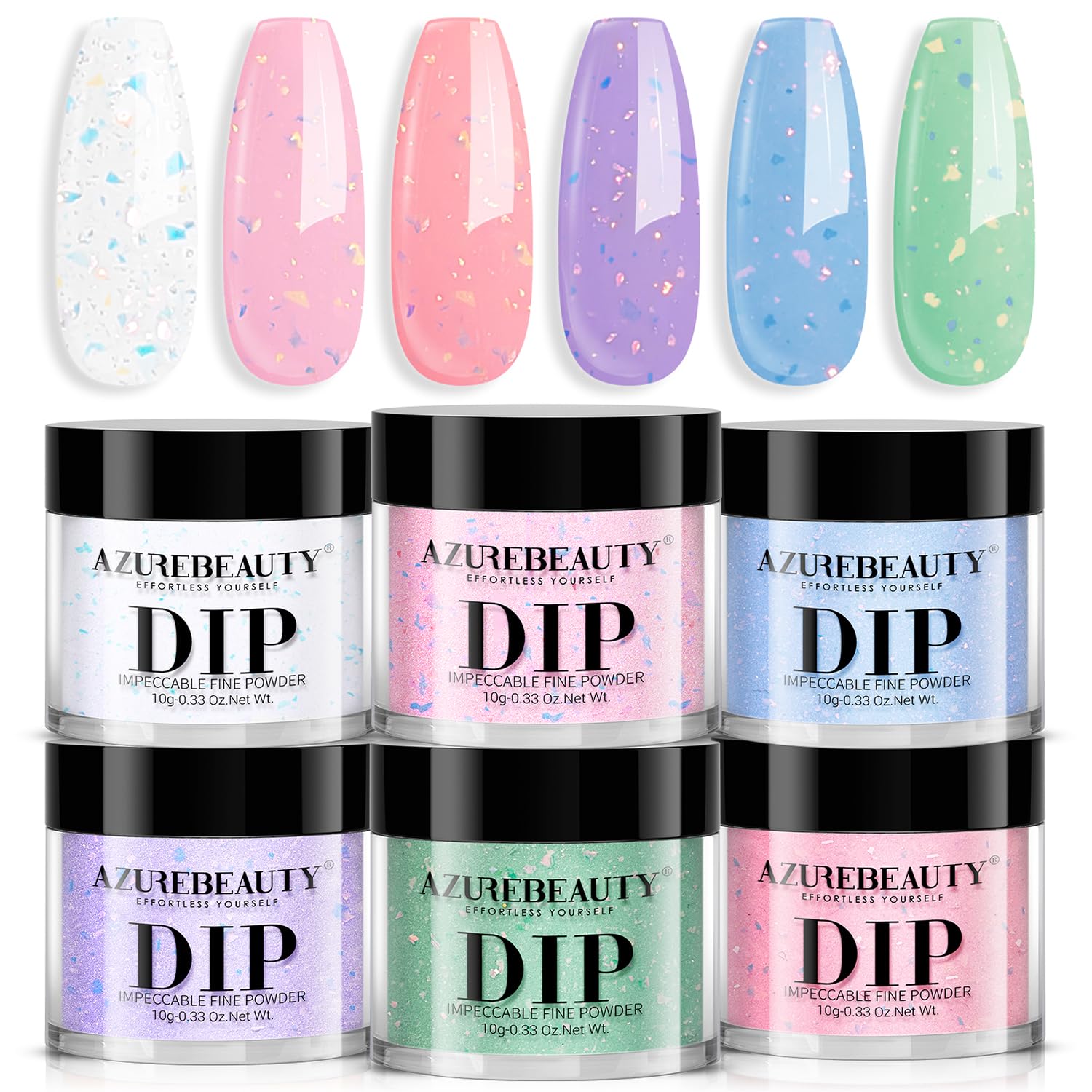 AZUREBEAUTY front packaging showing six pastel foil dip powders and kit benefit
