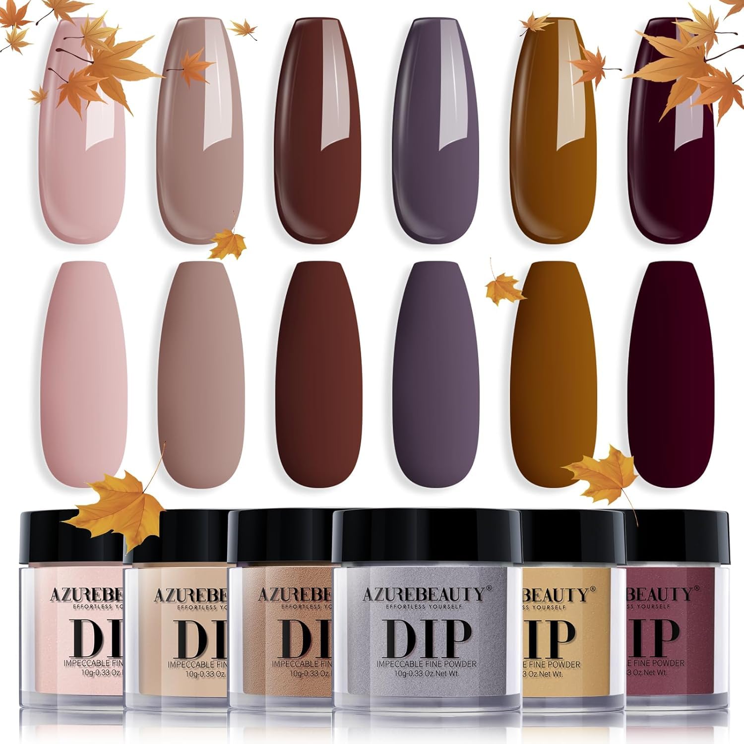 AZUREBEAUTY front packaging showing six fall dip powder jars and kit benefits