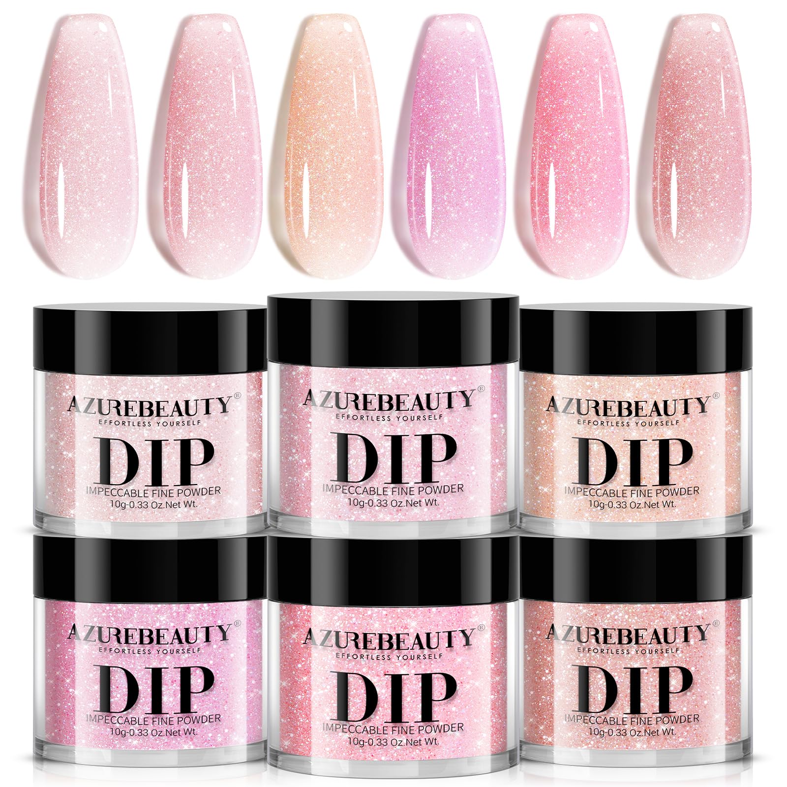 AZUREBEAUTY front packaging showing six jelly pink dip powders and branding