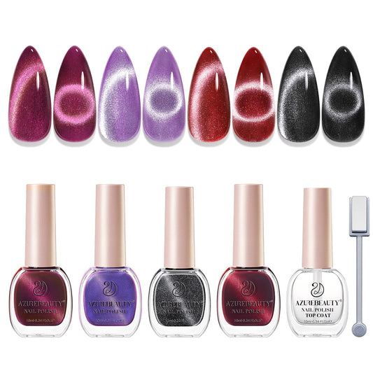 AZUREBEAUTY front packaging showing four cat-eye polish bottles and top coat, clear kit benefit