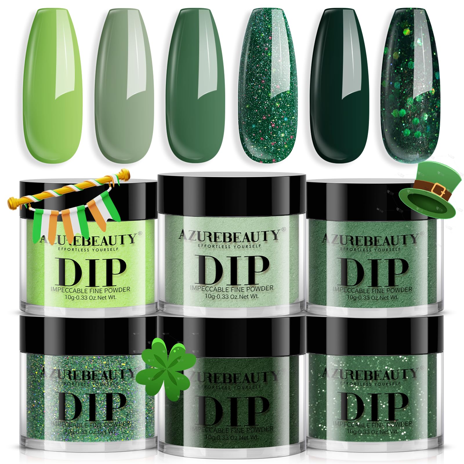 AZUREBEAUTY front packaging showing six green dip powders and benefits