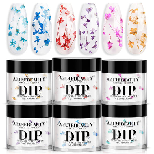 AZUREBEAUTY front packaging showing six clear dip powder boxes and dried flowers benefit visible
