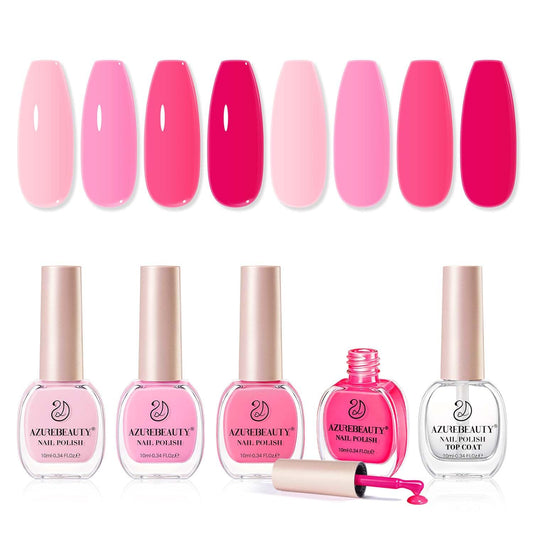 AZUREBEAUTY front view of boxed hot pink polish set showing four colors and top coat for easy gifting