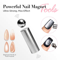AZUREBEAUTY tool in use over nail polish creating a glassy cat-eye effect before curing