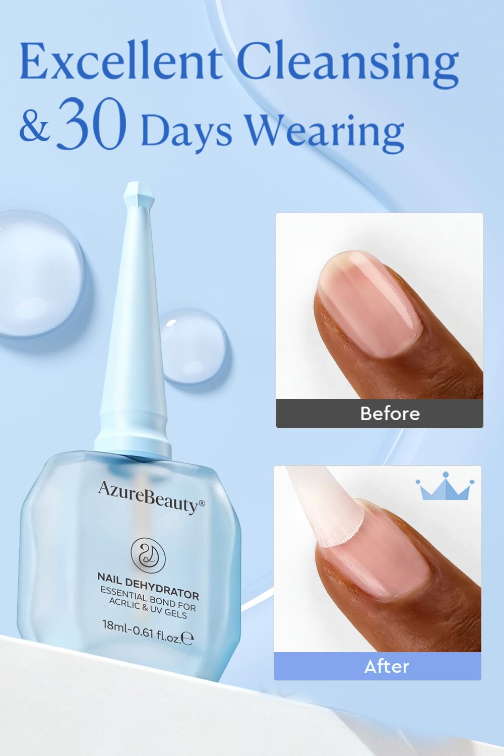 AZUREBEAUTY label showing acid-free formula for gentler nail prep benefit