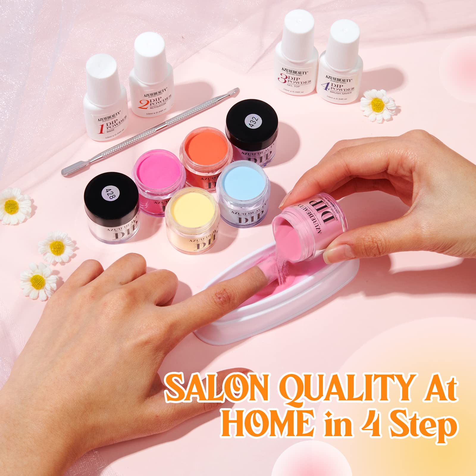 AZUREBEAUTY manicured hands wearing pastel dip powder showing glossy, salon-quality finish