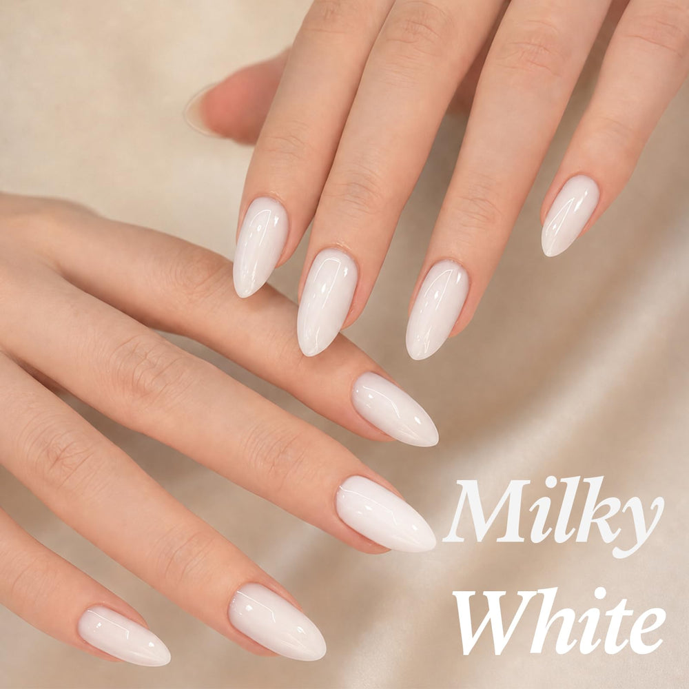 AzureBeauty milky white swatch on nail tip delivering natural coverage