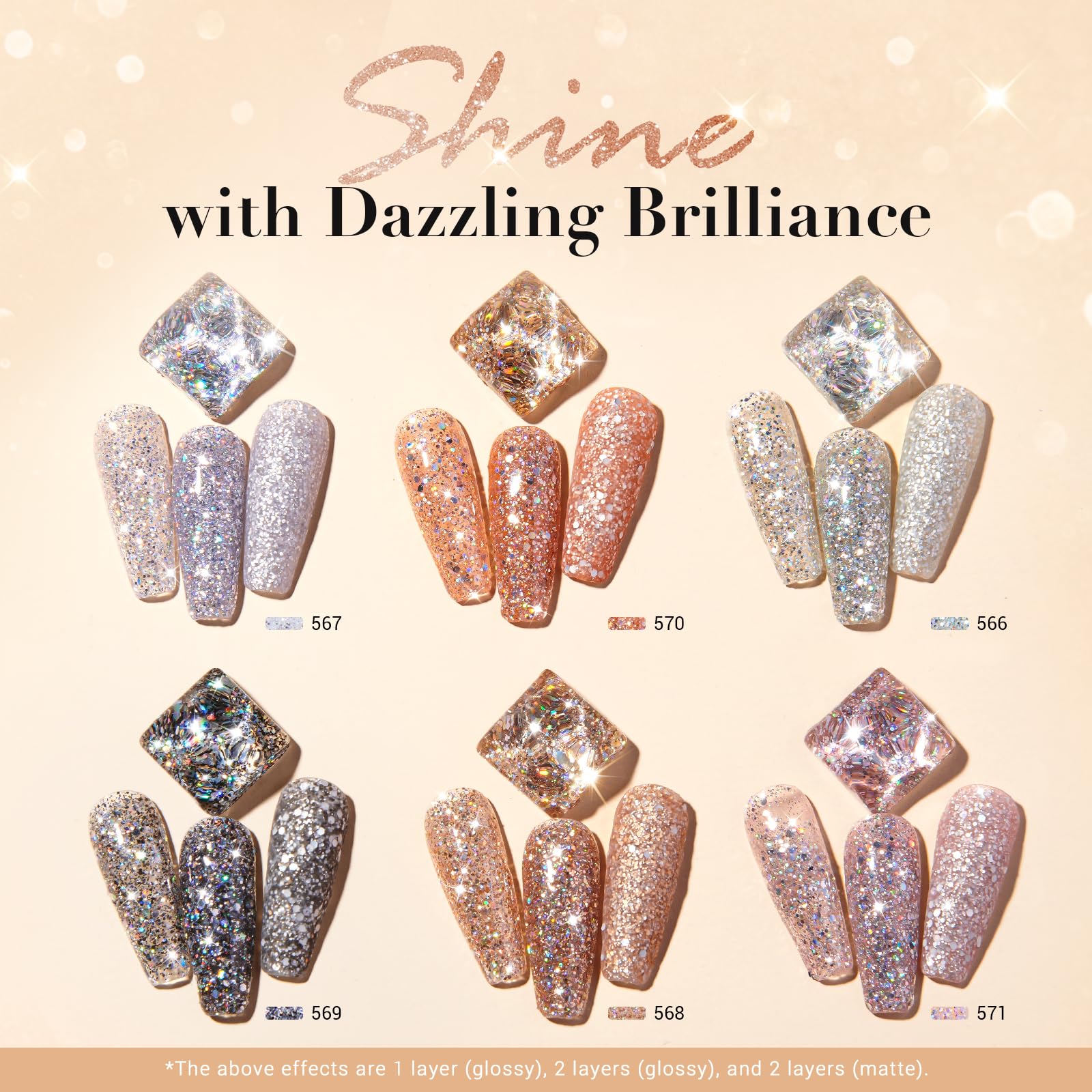 AZUREBEAUTY manicure in sparkle champagne showing lasting glossy shine