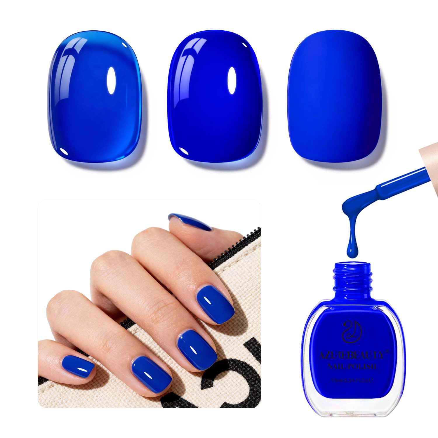 AZUREBEAUTY front bottle showing navy blue polish and portable size benefit