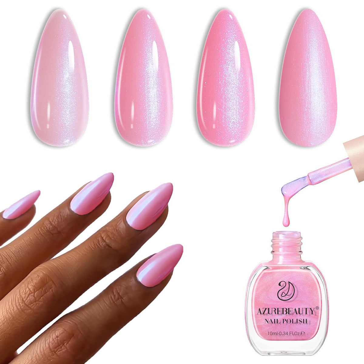 AZUREBEAUTY front bottle shot showing pearlescent pastel pink polish and neat packaging