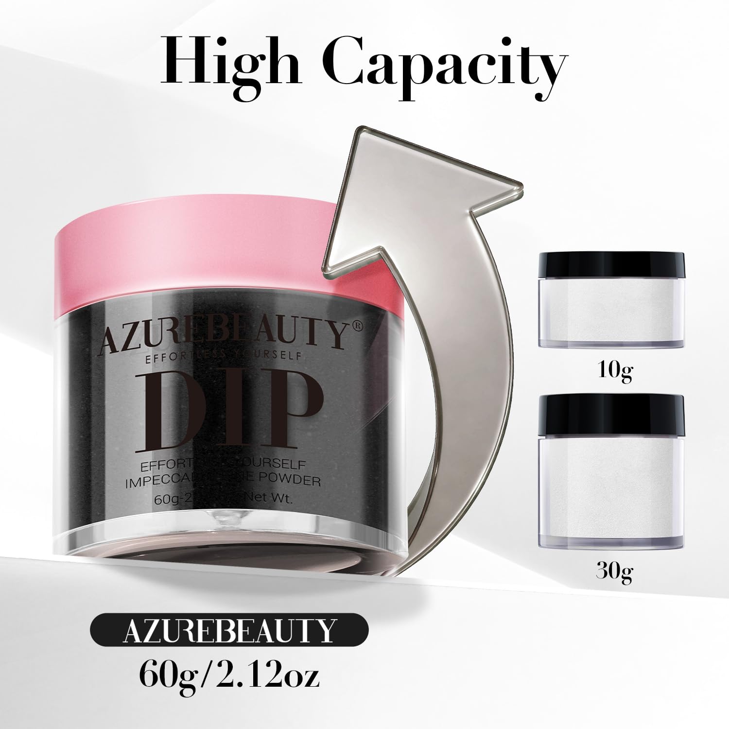AZUREBEAUTY powder next to a hand for scale showing large 60g capacity advantage