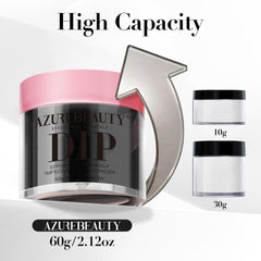 AZUREBEAUTY powder next to a hand for scale showing large 60g capacity advantage