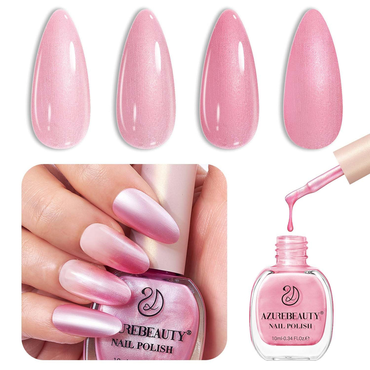 AZUREBEAUTY bottle front view showing rose-pink shimmer and glossy finish benefit