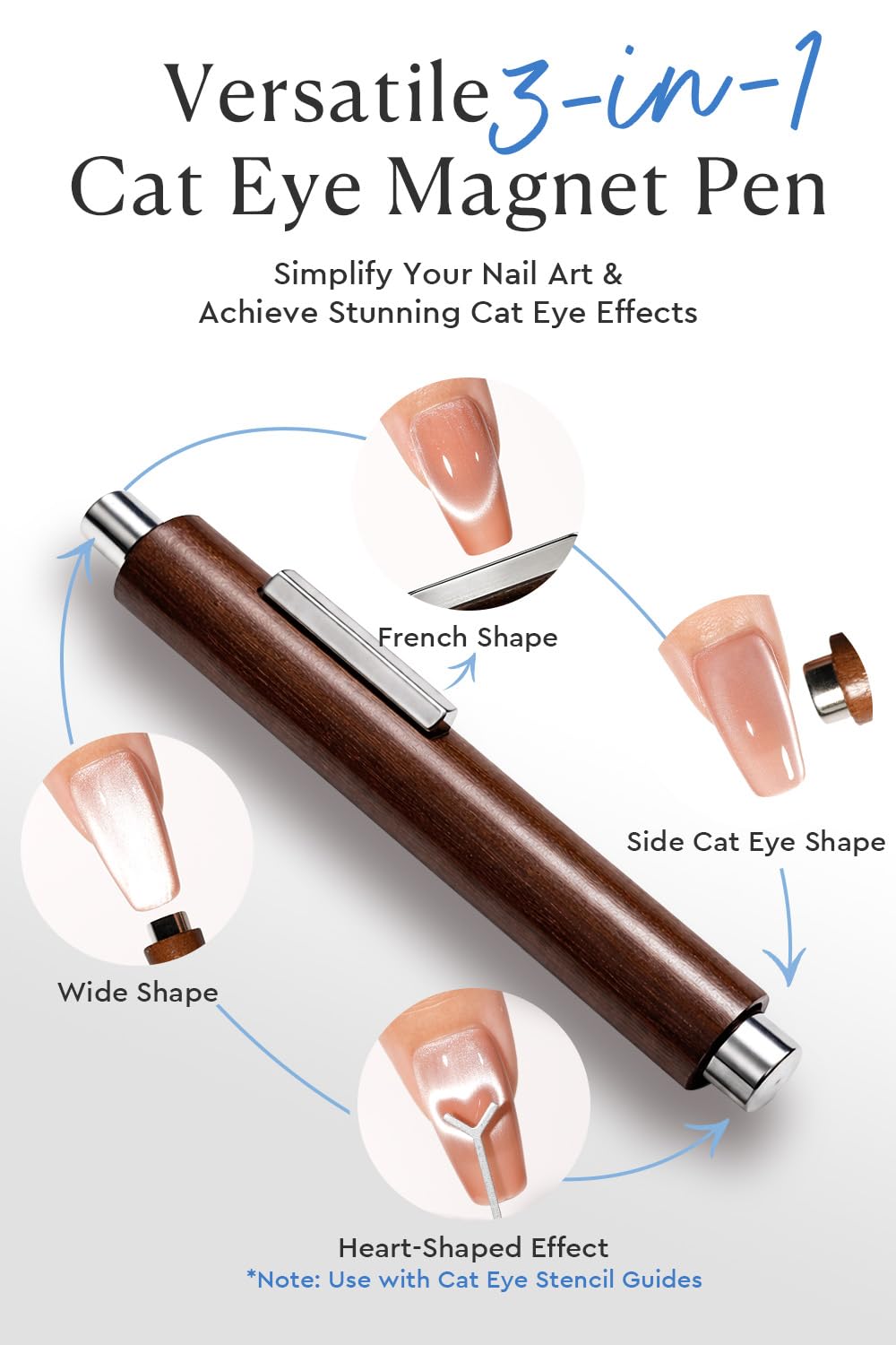AzureBeauty wooden 3-in-1 magnet pen close-up showing interchangeable heads for precise lines