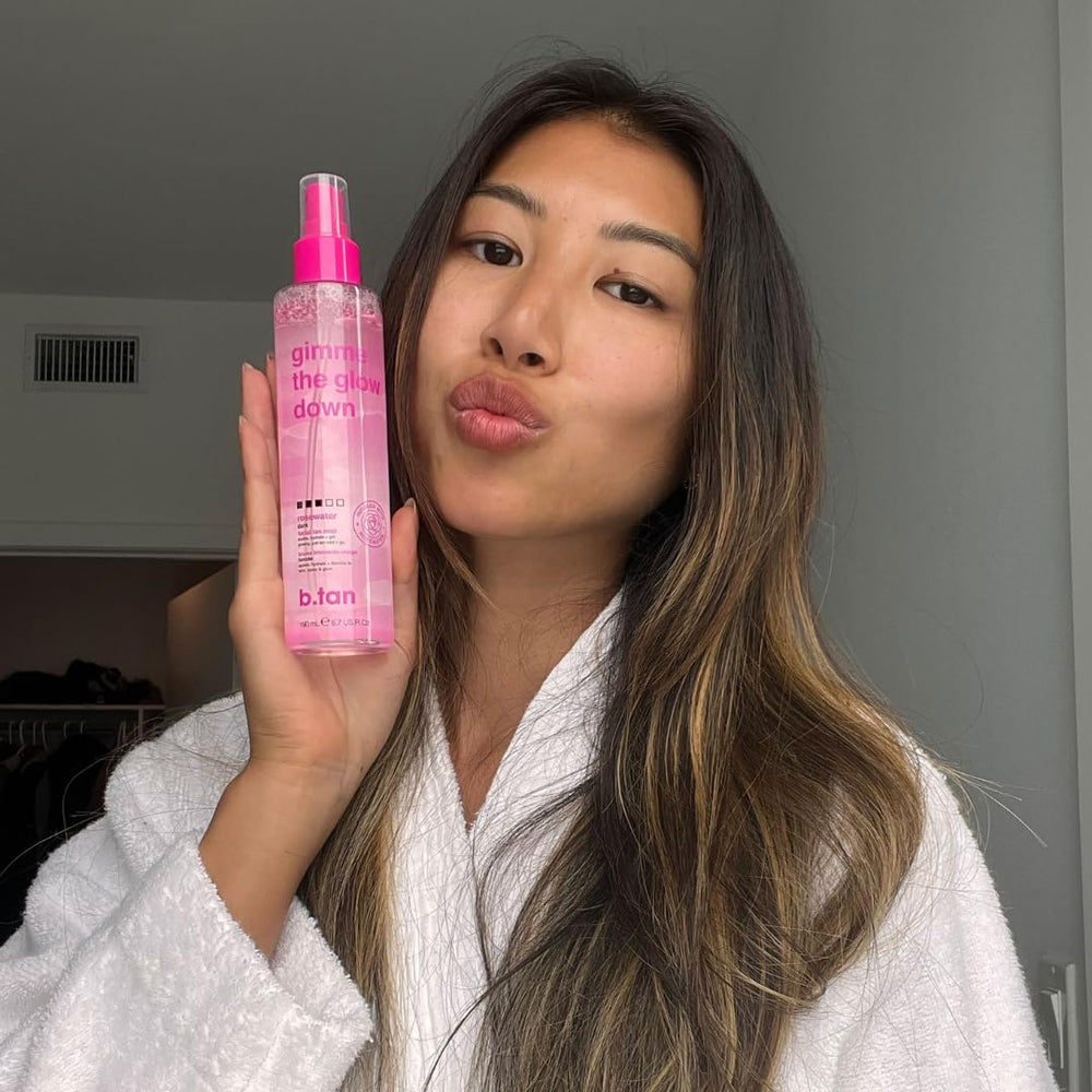 B.TAN before and after subtle glow comparison showing gradual, natural bronzing