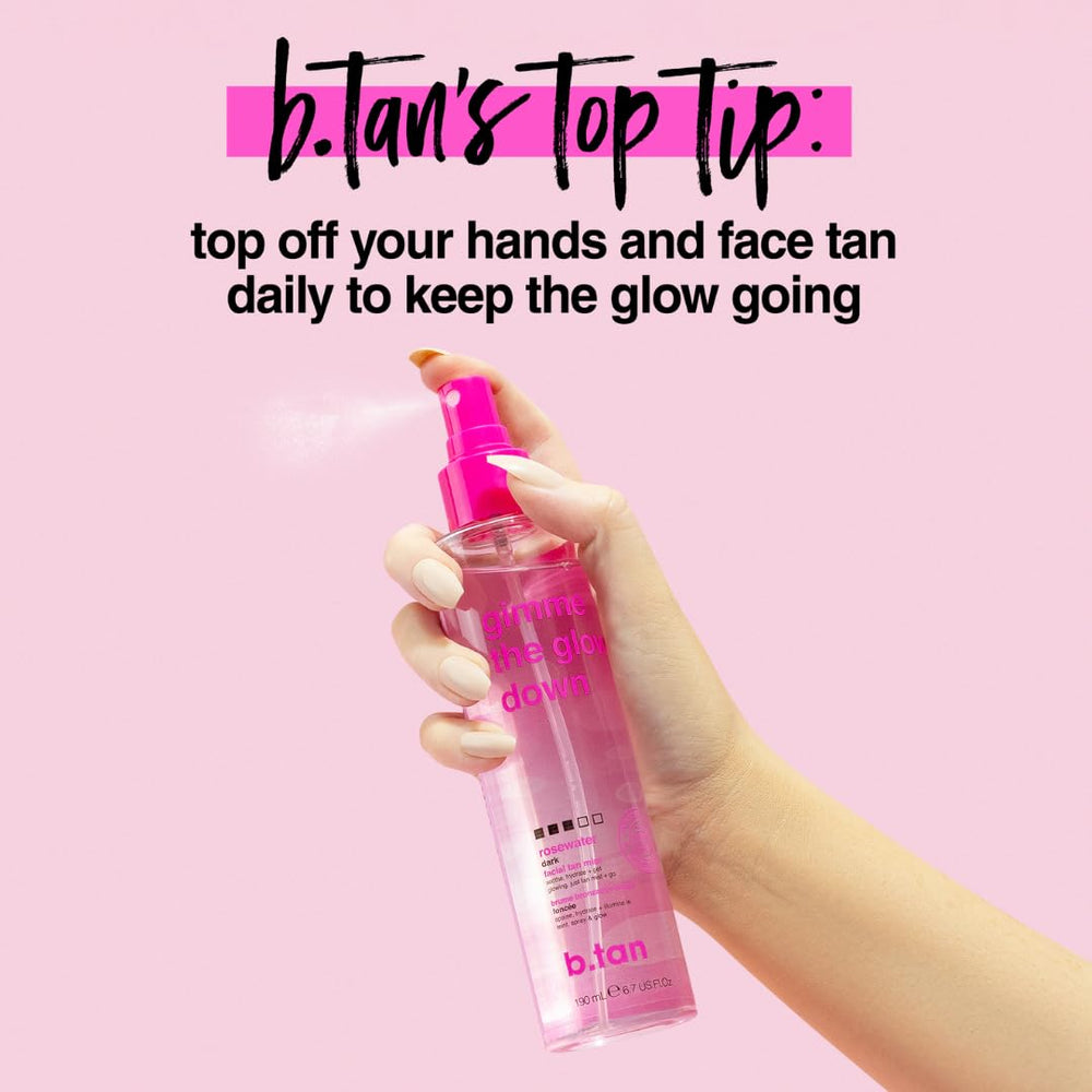 B.TAN mist on bathroom shelf as lifestyle shot suggesting daily easy-use routine