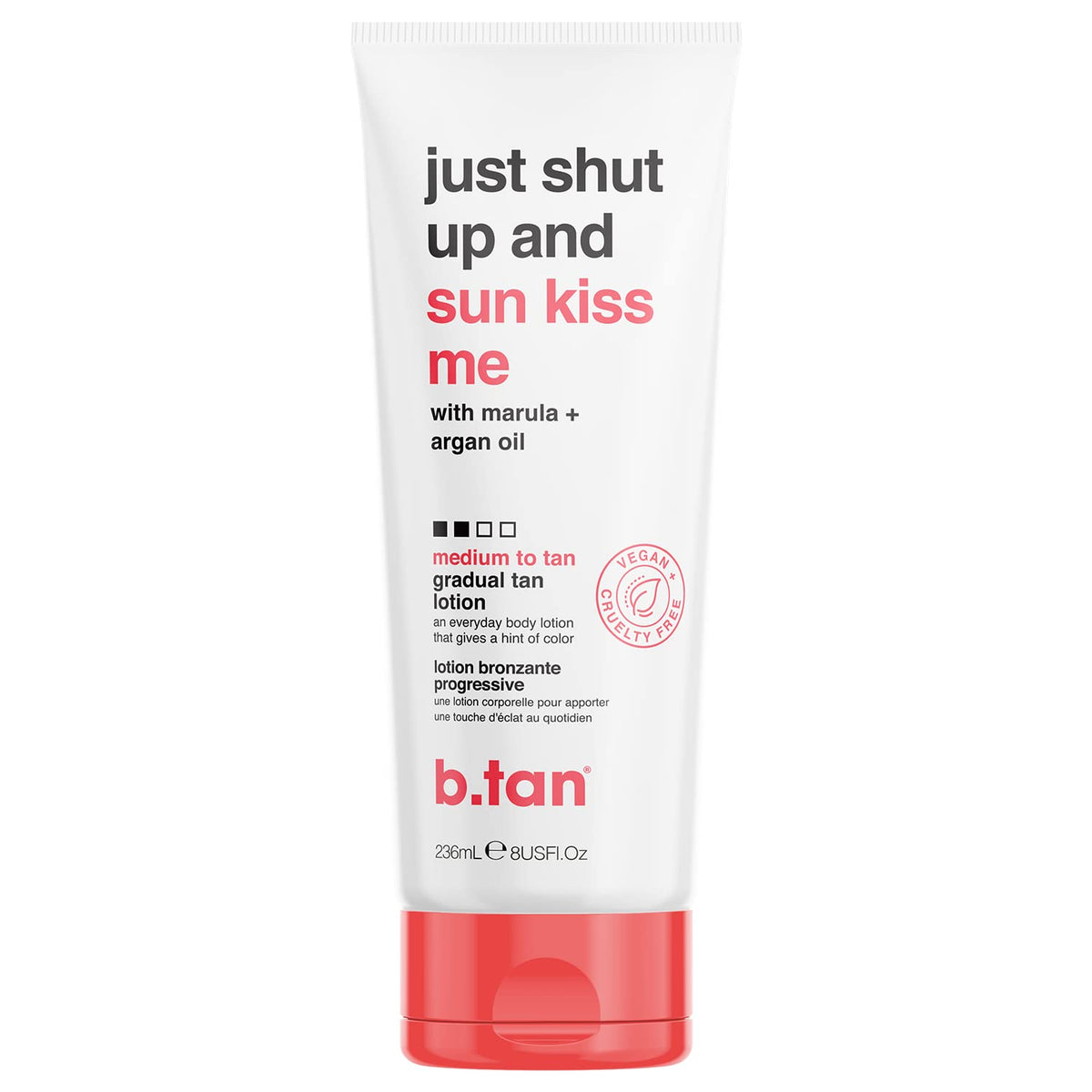 b.tan front packaging 236ml shows bottle and promises buildable glow