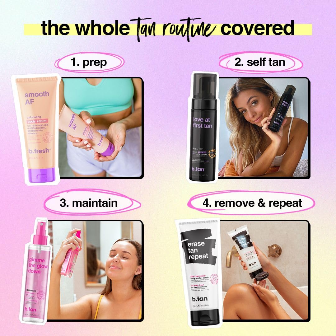 b.tan bottle held in hand for size scale, communicates travel-friendly 6.7 fl oz benefit
