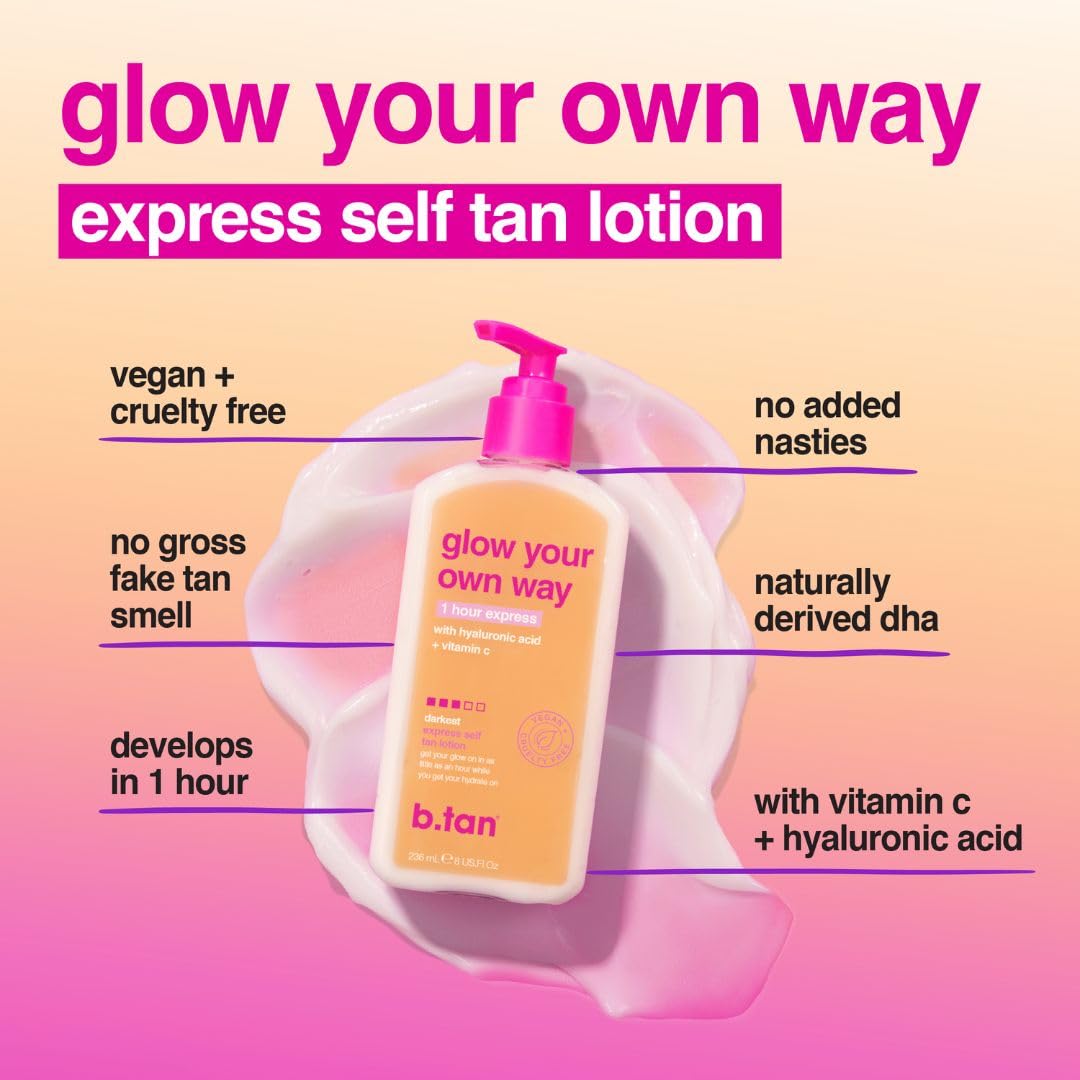 B.TAN lotion texture swipe showing smooth cream for even, hydrating coverage