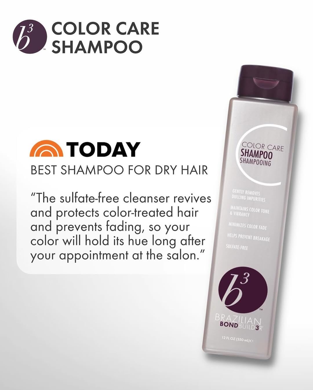B3 Brazilian Bondbuilder bottle label and size detail emphasizing sulfate-free color care