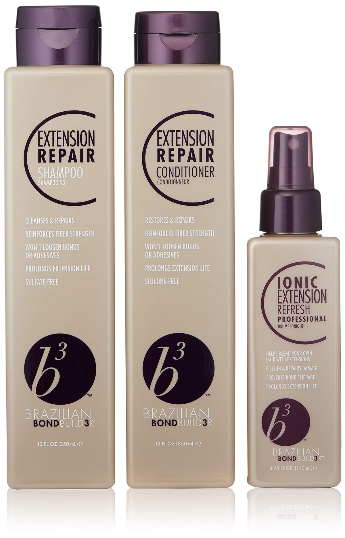 B3 Brazilian Bondbuilder front packaging showing three extension care bottles and benefits