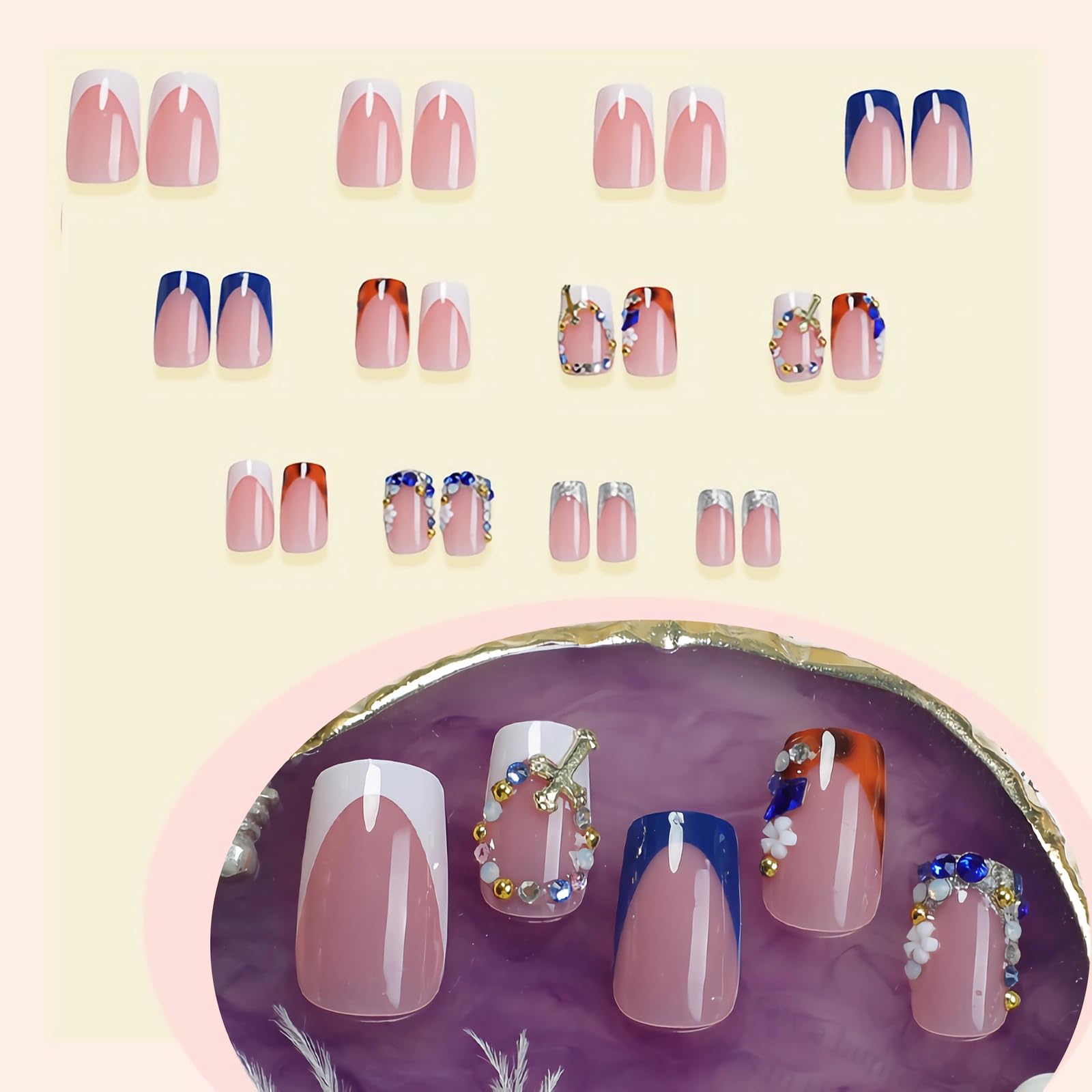 BABALAL blue and white French tip nails top view showing neat edges
