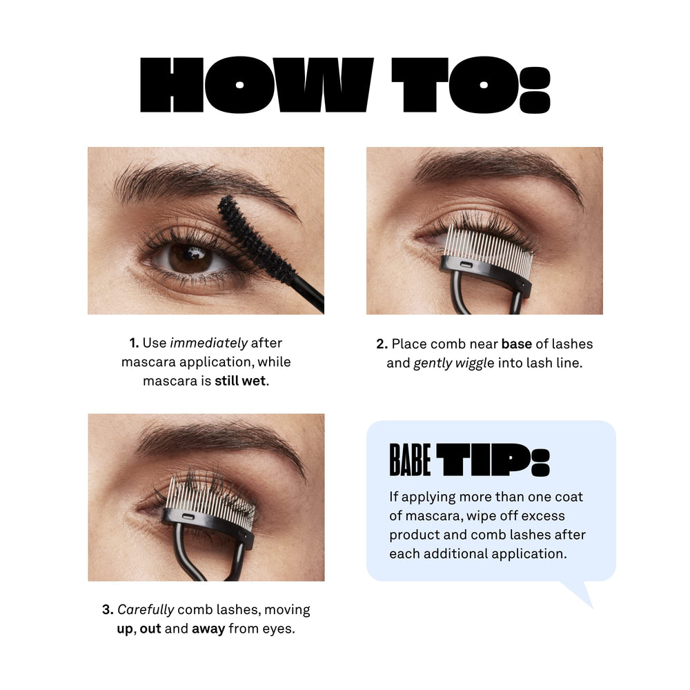 BABE ORIGINAL comb in use removing mascara clumps for smoother lashes