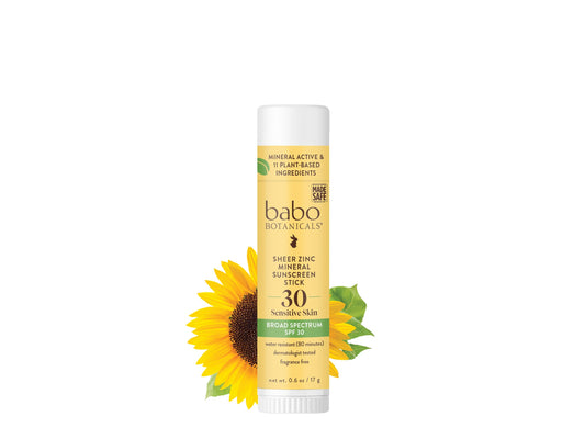 Babo Botanicals sport stick front packaging showing SPF30 and fragrance-free benefit