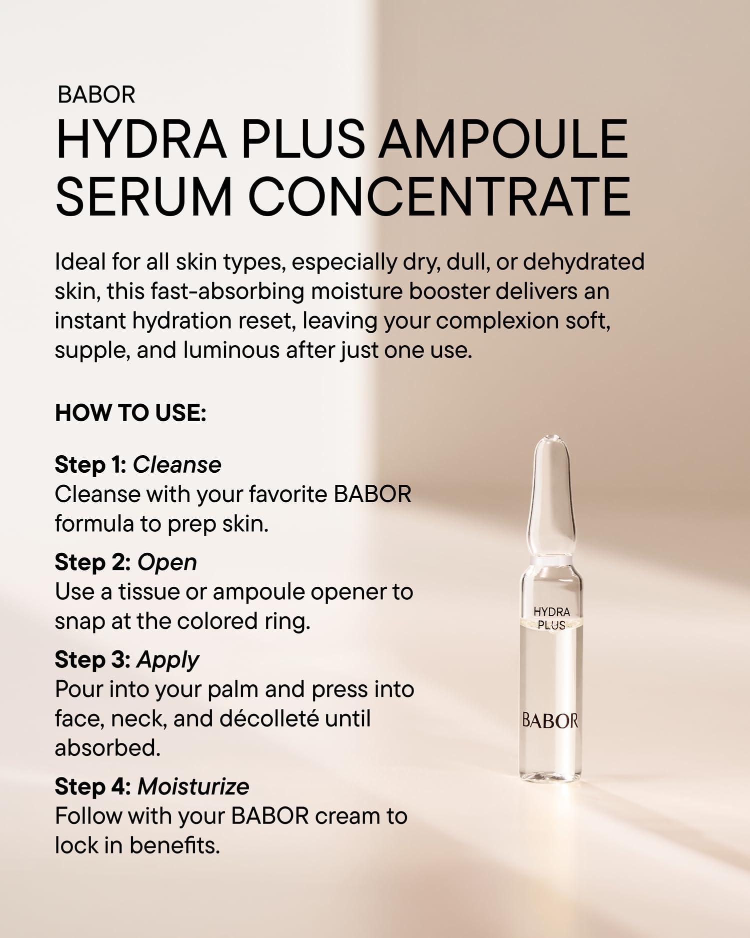 BABOR breaking ampoule at neck to show simple, safe opening method