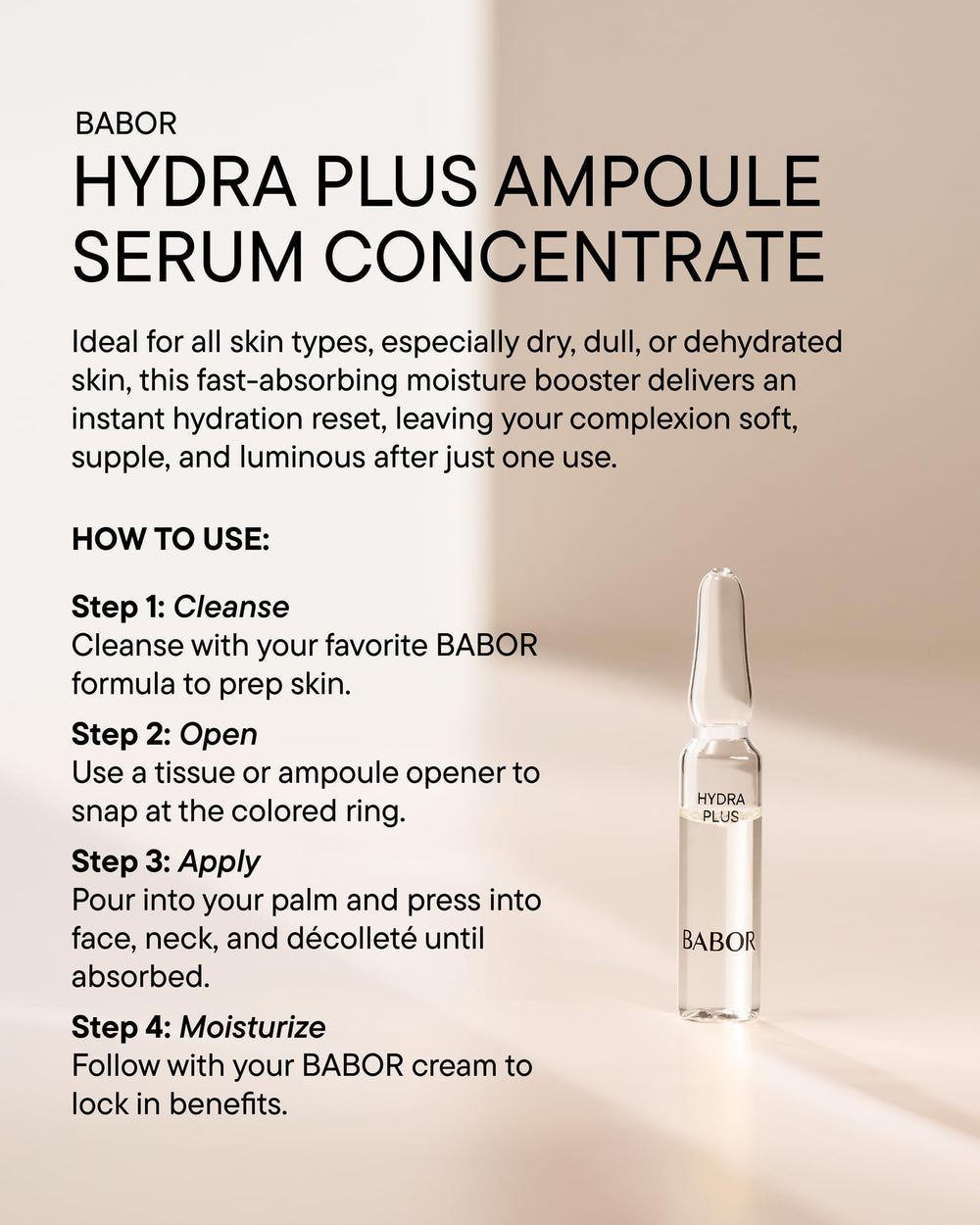 BABOR breaking ampoule at neck to show simple, safe opening method