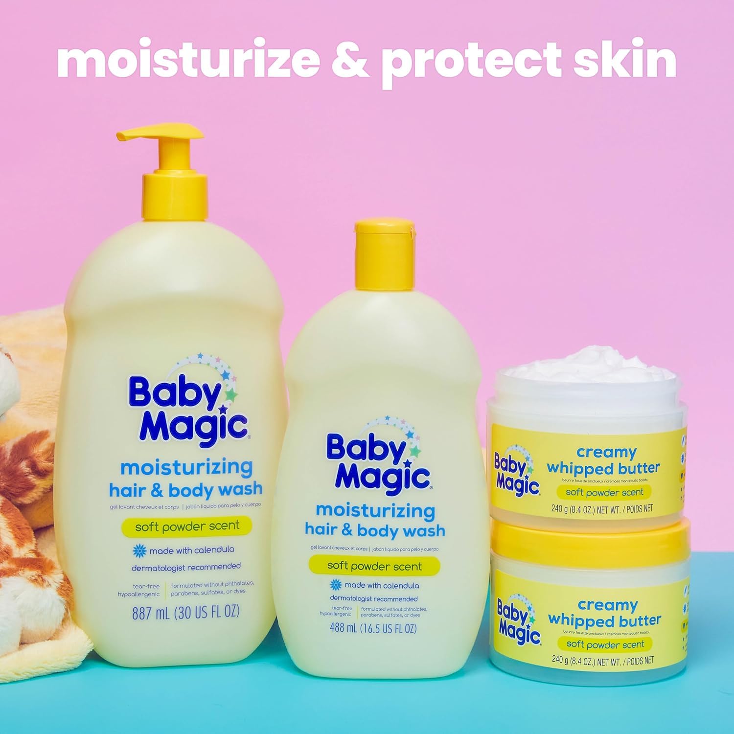 Baby Magic on bathroom counter in family setting for daily routine ease
