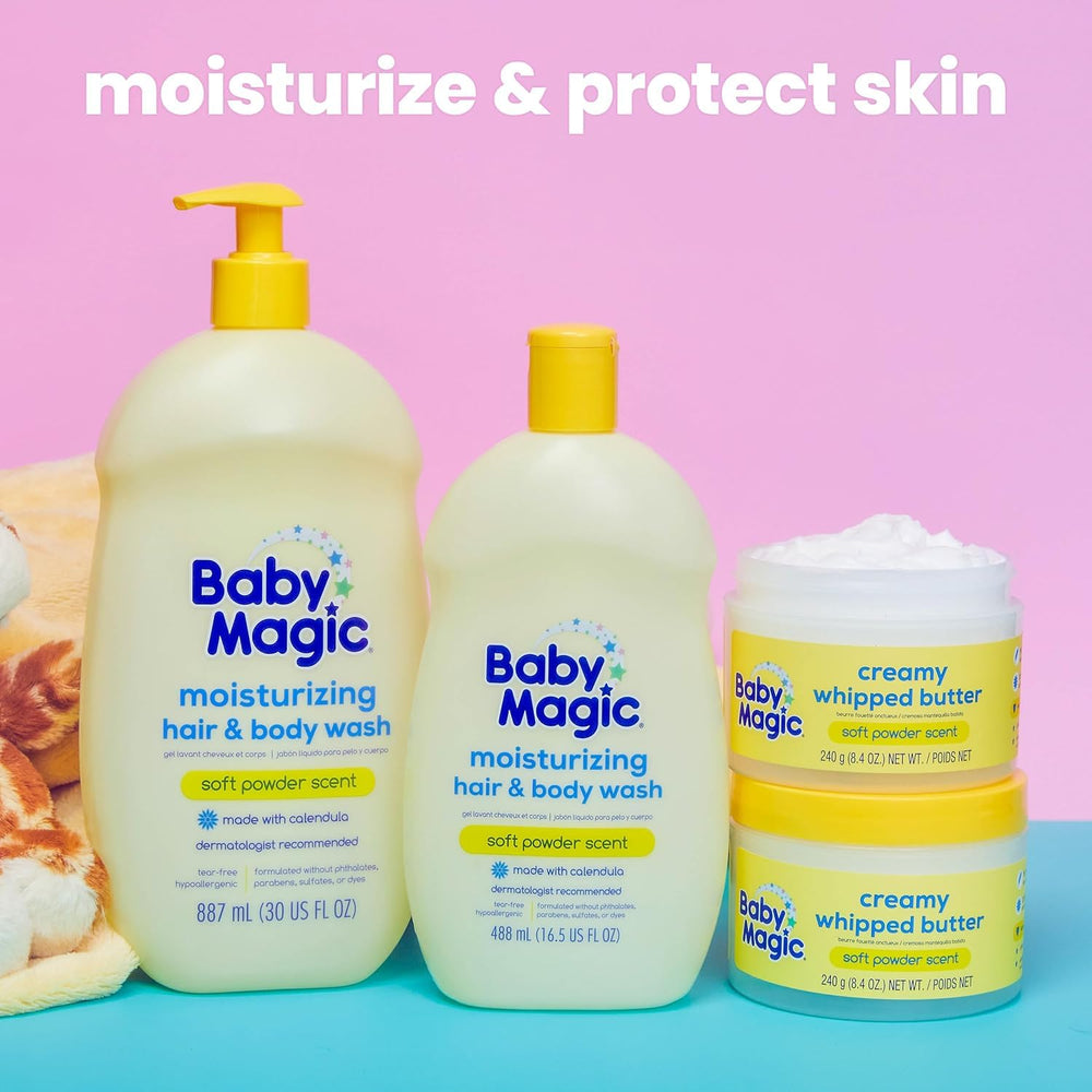 Baby Magic on bathroom counter in family setting for daily routine ease