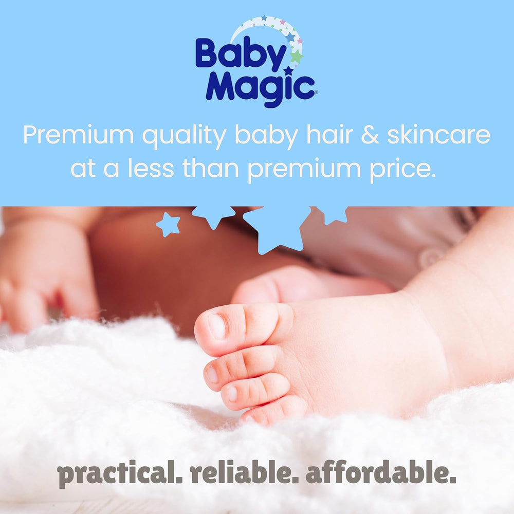 Baby Magic product label close-up emphasizing hypoallergenic ingredient benefits