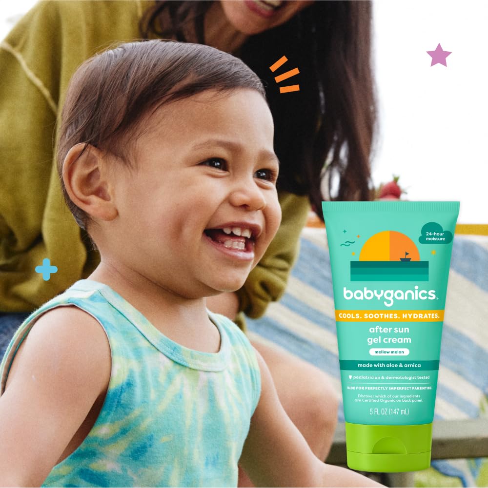 BabyGanics mellow melon on beach towel with family to show soothing care after sun