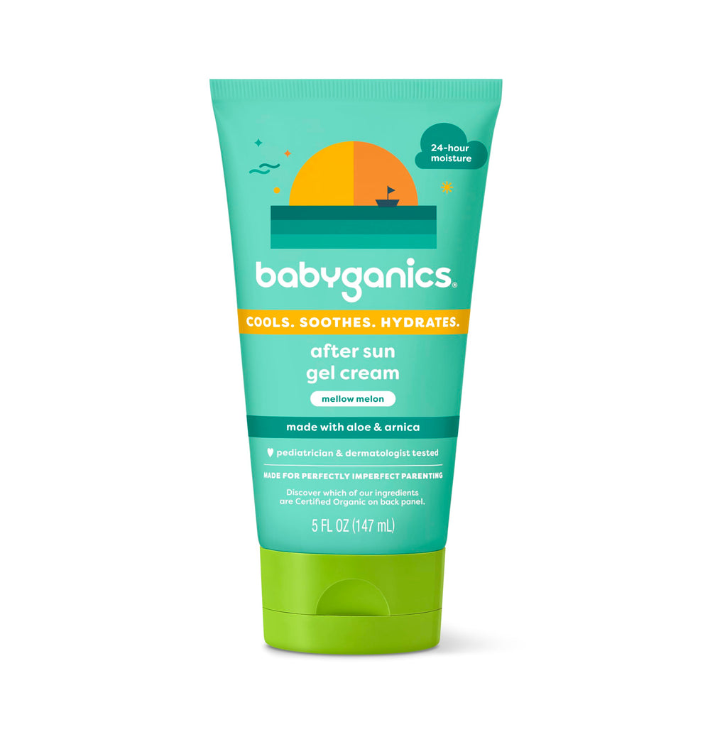 BabyGanics mellow melon front packaging showing tube and branding for travel-friendly use