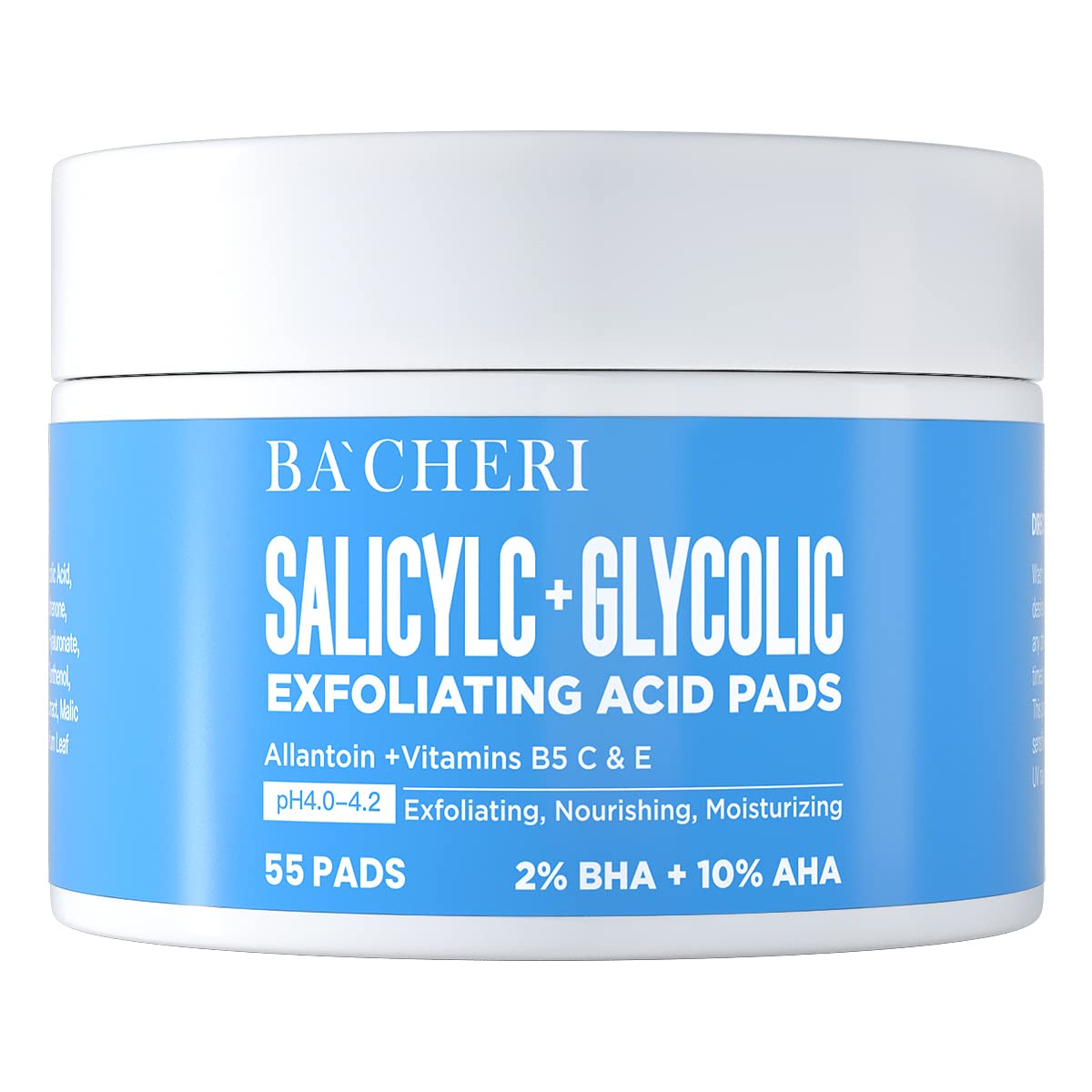BACHERI jar front packaging showing label and 55 pads for easy reference and benefits
