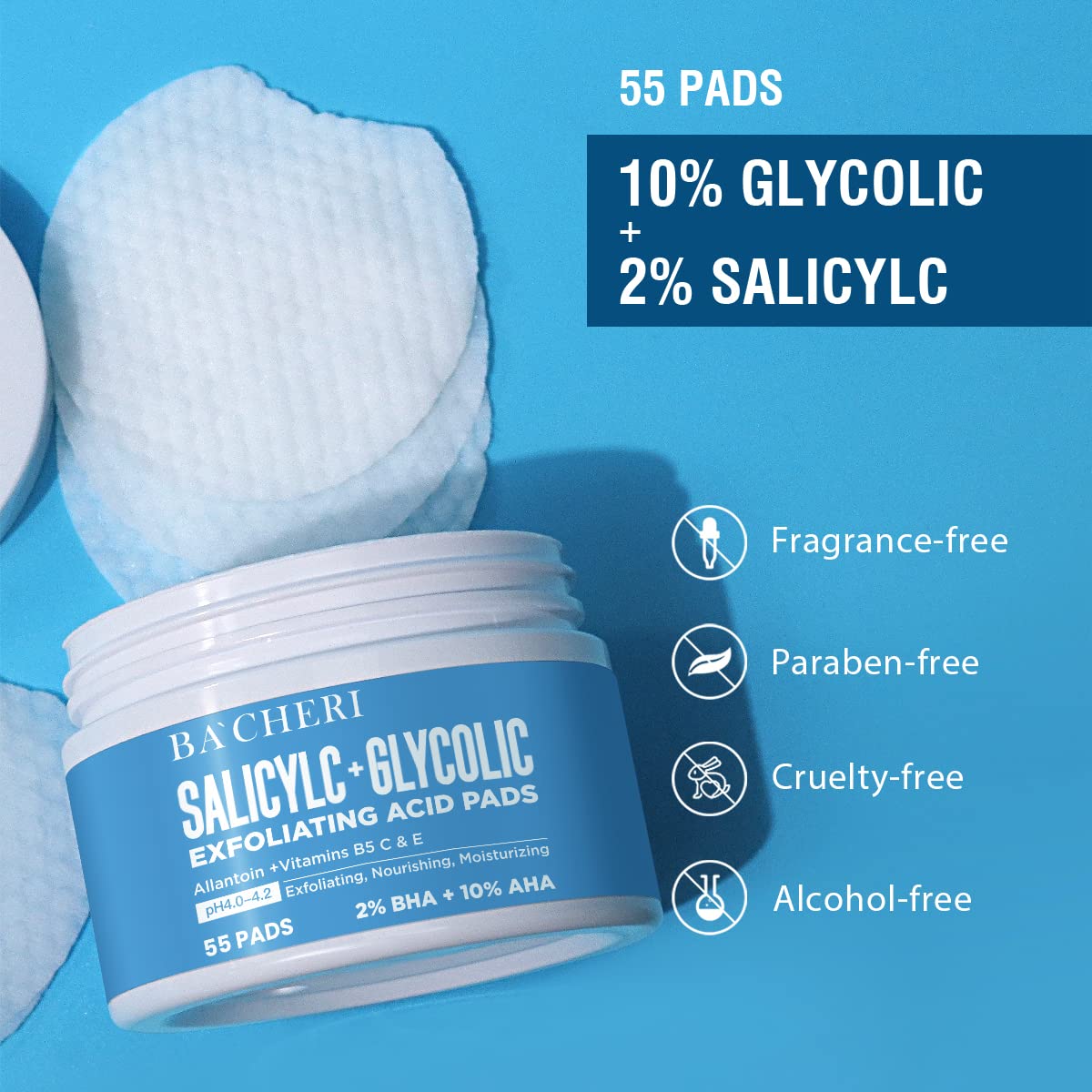 BACHERI pad texture close-up highlighting soaked fiber and exfoliating surface for efficacy