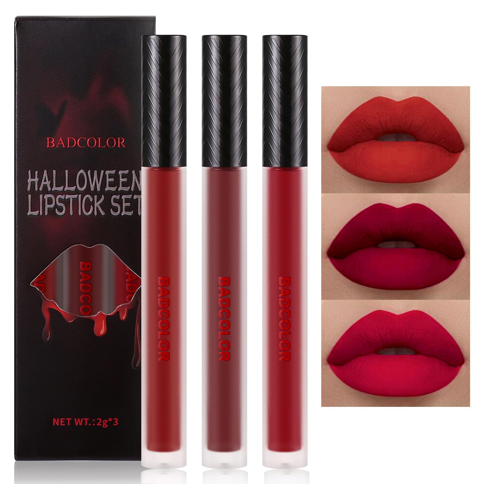 BADCOLOR front packaging showing three red matte liquid lipsticks and benefits
