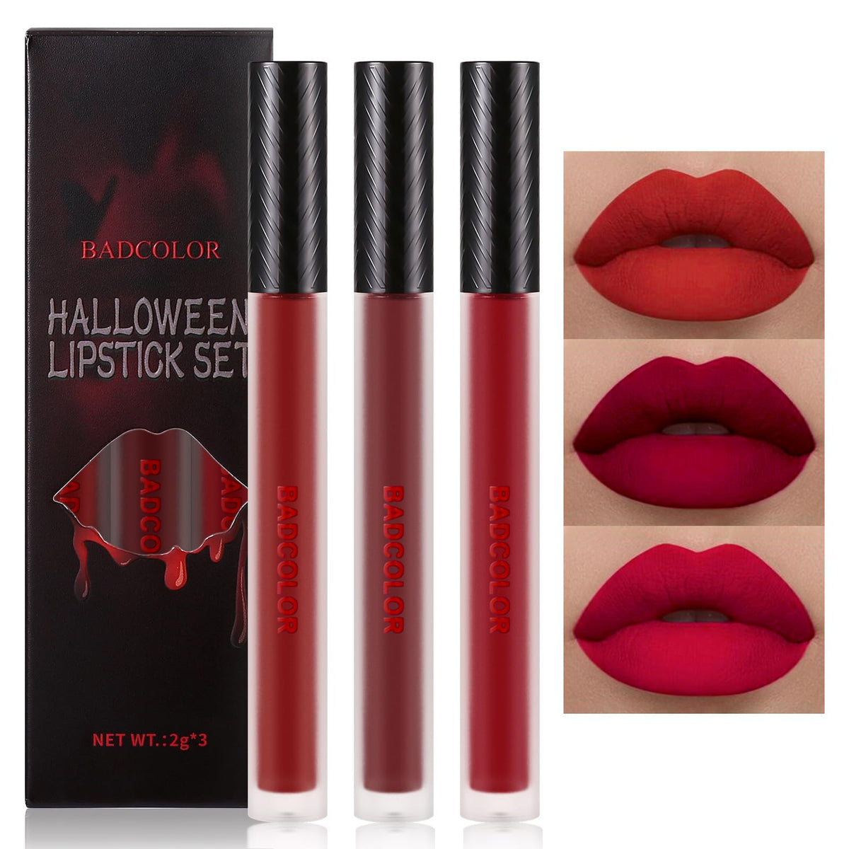 BADCOLOR front packaging showing three red matte liquid lipsticks and benefits
