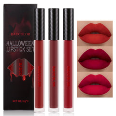 BADCOLOR front packaging showing three red matte liquid lipsticks and benefits
